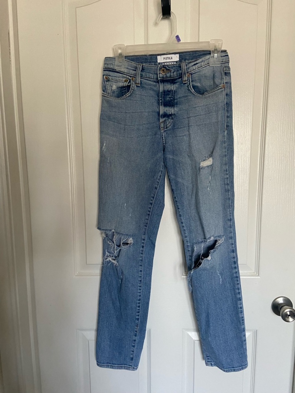 pistola light blue distressed straight leg jeans